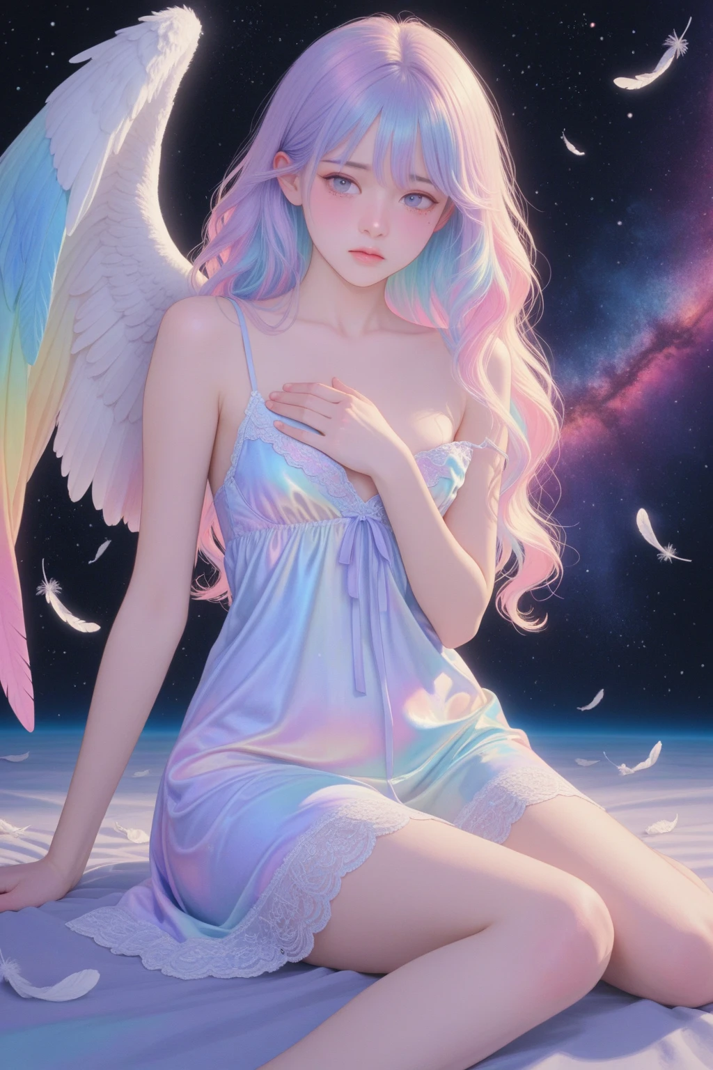 an angelic cat girl (cute woman, age 25, cat ears, over large green eyes, rainbow hair, large white feathered wings, airy sheer white robe, puffy white tail) flying through a dreamy starry sky
