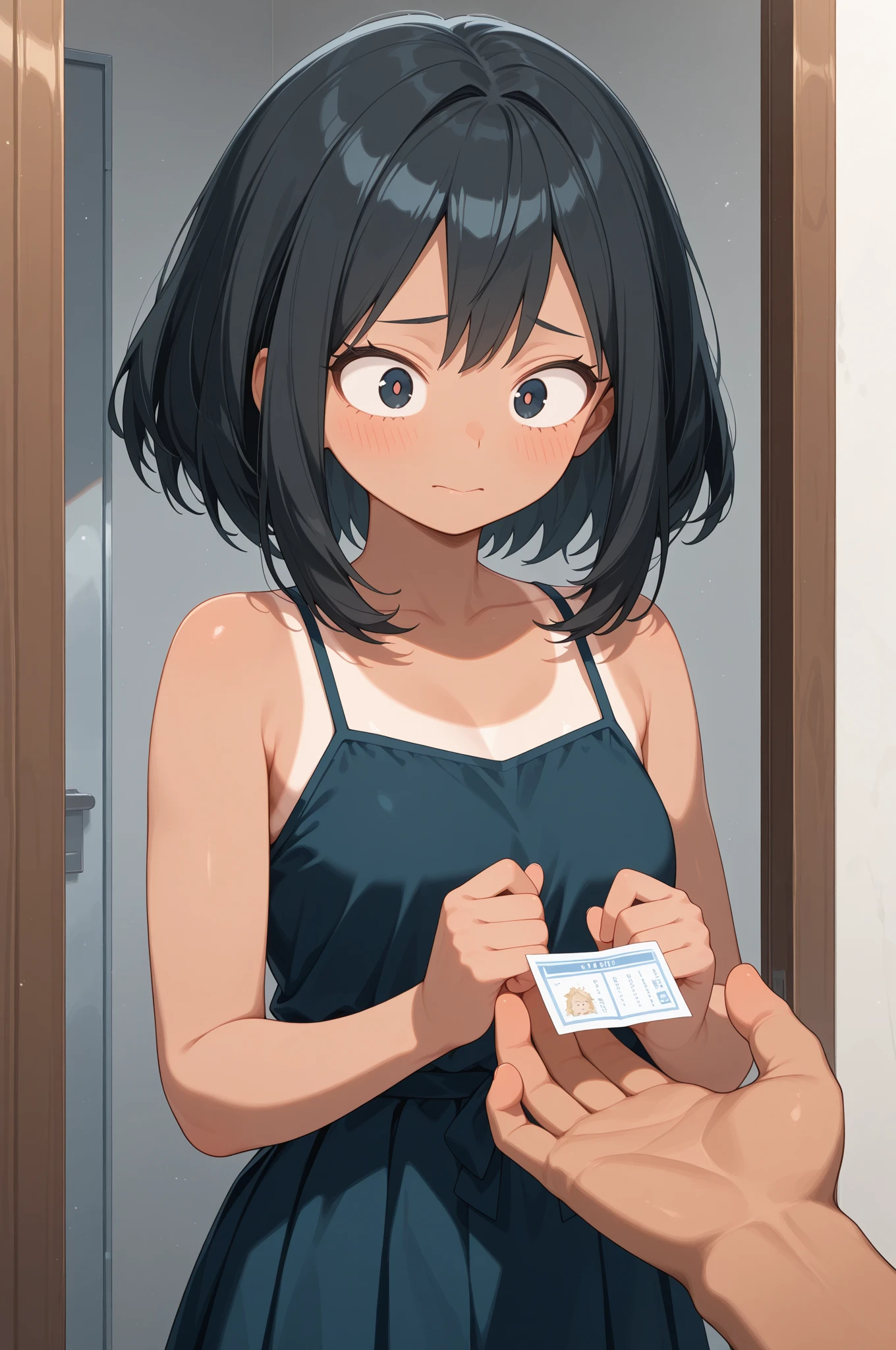 One woman, blush, Sweat Embarrassed Smile Showing  Front, Short Hair, Black Hair, feel flat chest pubic hair 8k, Very detailed, 16K, (), Walking around town, black eyes, pink polo shirt, short sleeves,  lower body, , completely , looking at me from below (Showing :1.4), (Please lift your clothes:1), Hands under clothes