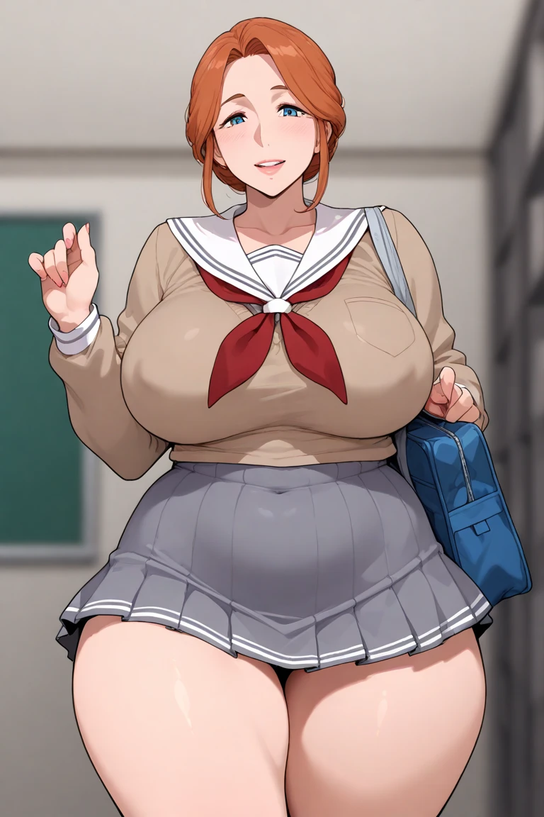 best quality,highly detailed,ultra-detailed,masterpiece,illustration,beautiful detailed eyes, Anime, Moe,(((illustration))), solo, 1girl,full body,
((deepblue eyes)),(((red hair))),((((very short hair)))), (((shiny skin))), gradient hair, ((perky breasts)), light blush,
((((blazers|long sleeve sailor suit|School uniforms)))), ((((pleated skirt)))), school, pantyhose, uwabaki