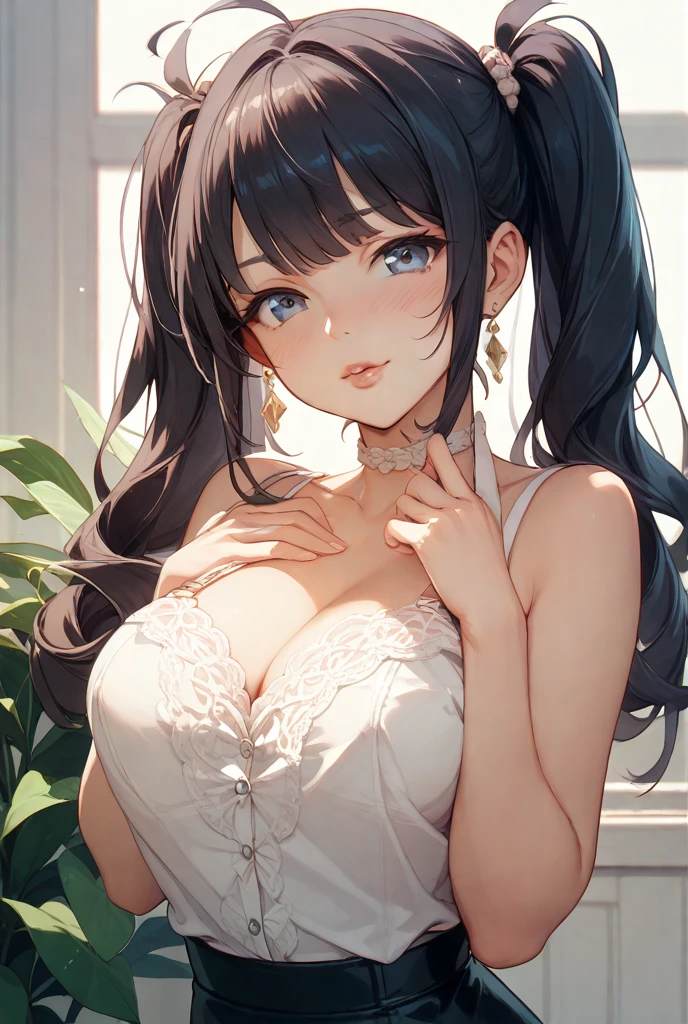 1girl, anime, cute girl, blank background, white background, fantasy, detailed dark fantasy dress with highlights, beautiful face, beautiful eyes, dark colors, black hair, twintails, green eyes, medium breasts, slight cleavage, beautiful skin, cute, breast curtains, extremely delicate and beautiful, (beautiful detailed face:1.0), (detailed deep eyes), symmetrical breasts, deep eyes, shiny skin, portrait, slender waist, hips wider than shoulders, thighs, young girl, expressionless