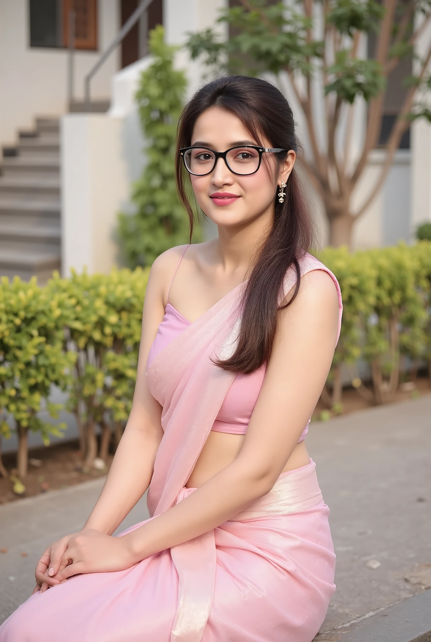 "A beautiful young woman wearing a soft pink saree with elegant draping, seated outdoors in natural sunlight. She has a graceful posture, wears stylish black-rimmed eyeglasses, and has a confident, gentle expression. Her hair is tied back in a neat ponytail with a few strands framing her face. The background includes a well-kept garden and a modern house with stairs and greenery. The overall mood is serene and classy, with soft lighting highlighting her features."and seed number is 336701370
