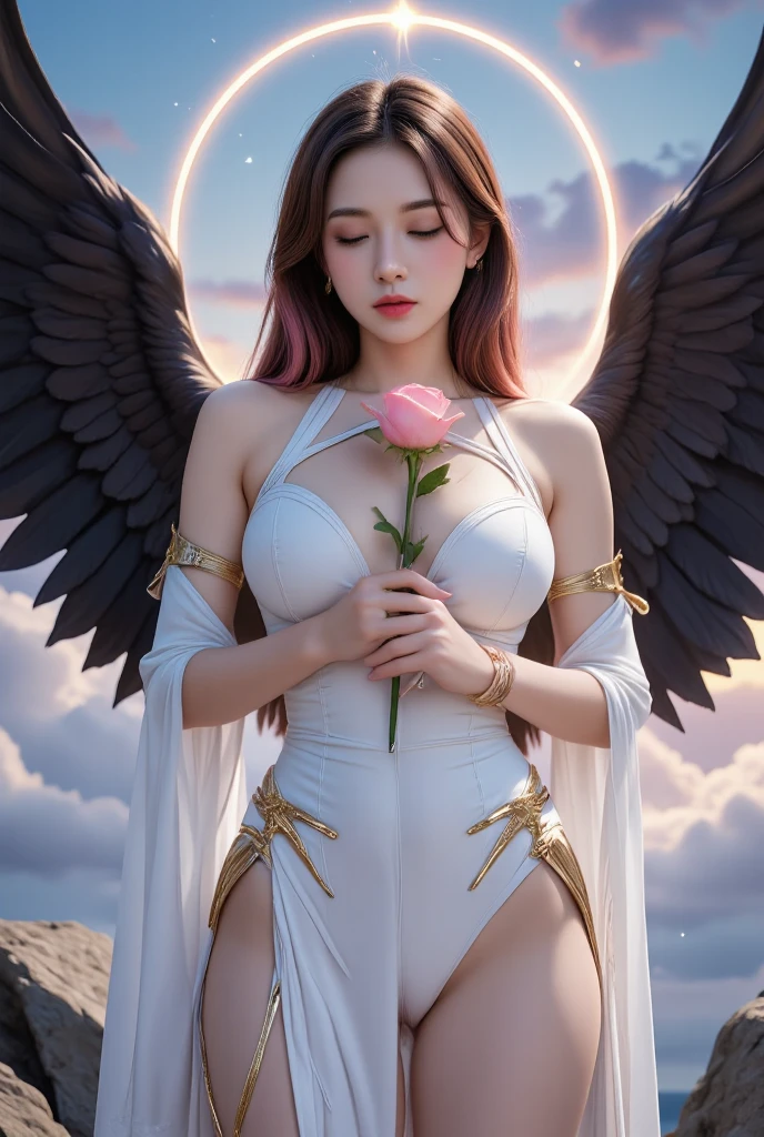 Sakura Card Captor, semidesnuda, iconic costume with angel wings, He has his iconic star scepter in his hand,very sexy small clothes, guantes blancos adornados, botas blancas adornadas, adulta, cuerpo muy delgado, super skynny body, small and beautiful buttocks, abdomen tonificado, I can see her beautiful and perfect small breasts,piernas hermosas, manos perfectas, intelligent, poder resplandeciente en su cuerpo, obscena, poderosa, sensual, In the background is the Tokyo Tower of Japan, se observa la luna grande en el fondo,mirada sensual, ojos hermosos,cabello corto, classic hairstyle,Hair dyed in bright brown color, Best quality,8K,A high resolution,Masterpiece,Ultra detailed,Realistic, Photorealistic,photo realistic