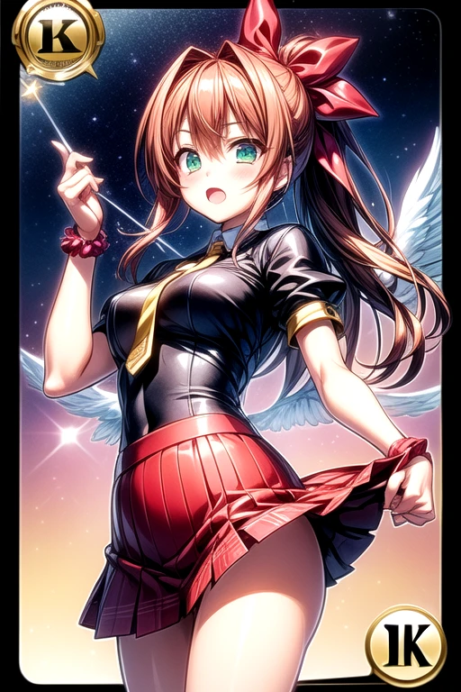 1 girl wearing black shirt, cleavage, midriff, short pink skirt, pink thighhighs,pink arm sleeves,night, ((solo)), medium hair, standing, Blushing, succubus, succubus wings and tail), cleavage, midriff, large breasts, smile, looking at viewer, abyss, panties, holding whip, blue eyes, brown hair,(red lips:0.6), sexy pose