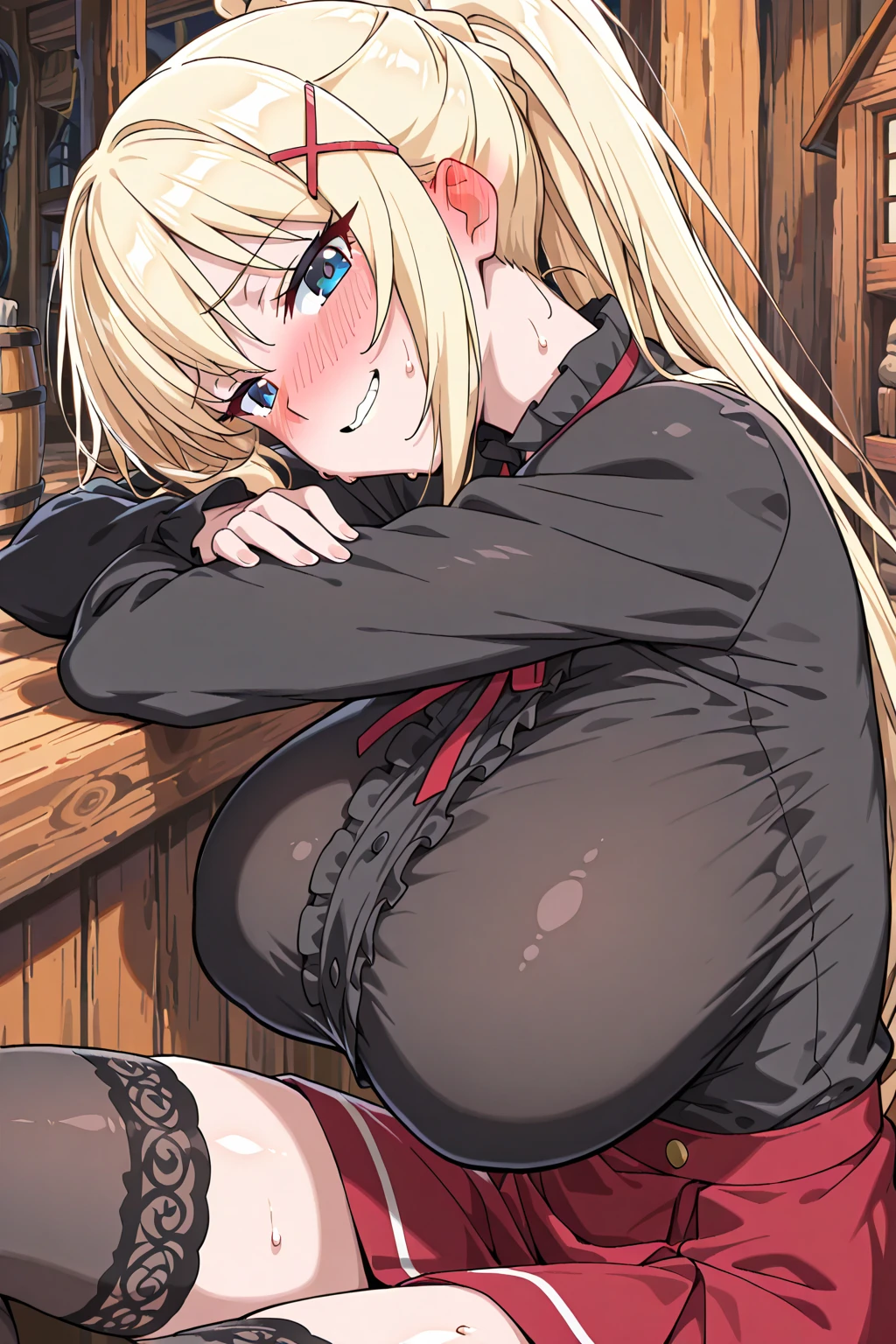 1girl, masterpiece, best quality, highly detailed, illustration, warg \(rance\), indoors, sitting, dress, red eyes, orange scarf, embarrassed, topless, bottomless, ((torn clothes)), ((off-shoulder brest)), sweet, little curvy, pantyhose