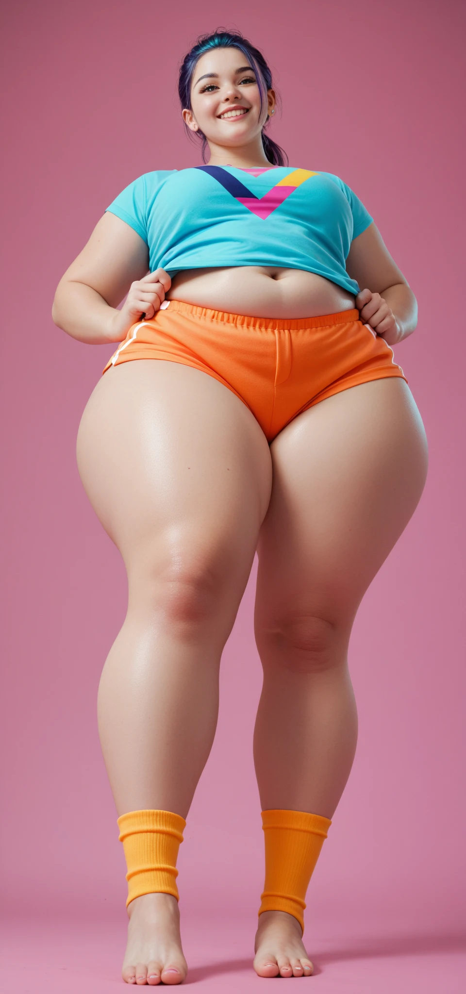 there is a woman that is holding a cell phone up to her face, thicc, she has a jiggly fat round belly, her belly is fat and round, thick, thick body, half body cropping, neon edges on bottom of body, middle shot waist up, her belly button is exposed, skinny waist and thick hips, profile image, full body picture