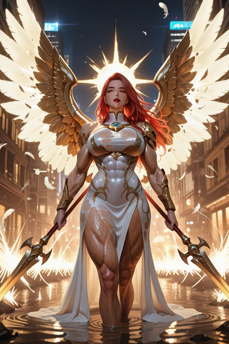 ((((Massive, tall, beautiful, buff, muscular pale white skinned asian woman mage with red hair, ginormous bulky muscles, huge angel wings, holding a sun mage staff and wearing a beautiful hooded white enchanted robe with long long skirt)))), (close-up view), vascular, massive muscle, massive biceps, hyper muscle shoulders, hyper muscle triceps, (long hair), yellow eyes, (wearing a long extremely intricate robes, long magical robes), (white mage boots), smirk, white gauntlets, (in a magical forest), evening, Vascular arms, hyper vascular arm, hyper muscles arms, hyper muscle legs, massive arms.