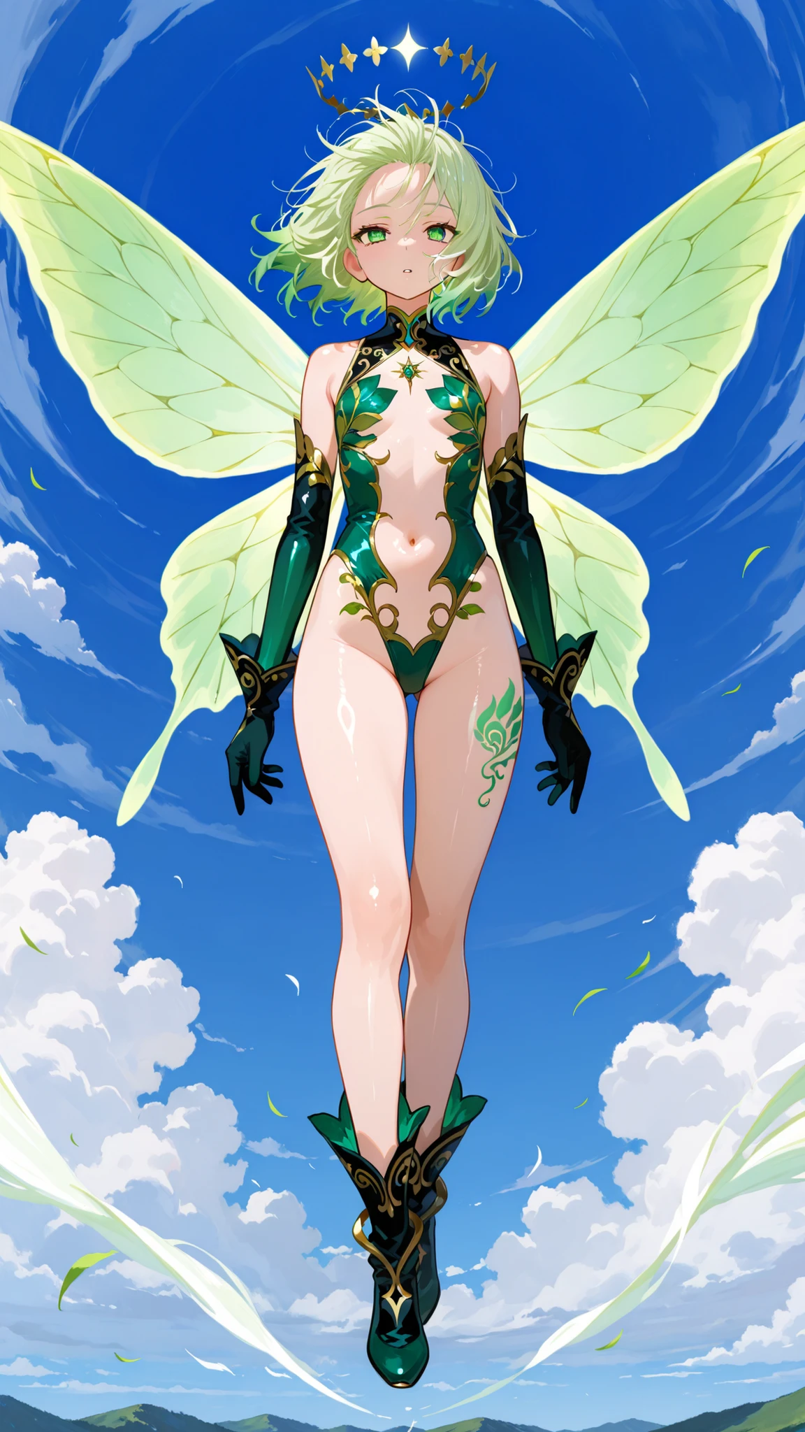  ((masterpiece,Highest quality,Very delicate,Perfect Face,16K,High resolution,Very beautiful woman)),Yellow butterfly wings on head,Brown medium shorthair,Black hair ornament:1.2,Green leotard,Green Long Boots ,Green long sleeve gloves, Large Breasts,Gold Necklace,Seductive pose,Cowboy shot Bad face,,two hands,Two legs,five fingers,evil background,elbow gloves, Wicked Smile, devilish aura (Shiny fabric:1.5),Dark world background,solo,feet,