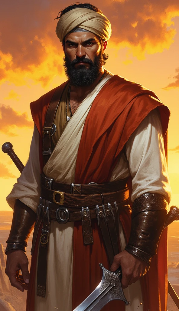 aiai-Spl4sh,Best quality, masterpiece, ultra-detailed, cinematic, HDR, macro detail, premium quality, ultra-high resolution, volumetric lighting, ray-traced. High-fantasy RPG illustration style with painterly realism and dramatic composition. Warm natural light, realistic medieval textures, stylized with fantasy atmosphere. Rich color palette: warm browns, beiges, fiery oranges, muted tans. Magical ambience with soft glow and subtle light particles.

Three-quarter portrait of a weathered Middle Eastern man (~age 50), dark expressive eyes, full beard, serious and introspective expression. Dark hair tied back under light beige turban with realistic texture. Wears flowing light beige tunic, layered with reddish-brown sash; folds and creases rendered in high detail. Cinched at waist with ornate dark brown belt, carved buckles and visible sheathed knives. Left hand grips hilt of large ornate sword held slightly forward—pose radiates quiet strength and readiness.

Stands before a vibrant golden-orange sunset sky with drifting clouds. Warm late afternoon lighting creates dramatic shadows across his face and garments. Background is vast and softly blurred, emphasizing heroic stance. Composition: three-quarter view, medium close-up, 85mm lens with shallow depth of field. Mood: intense, dramatic, and contemplative nobility.