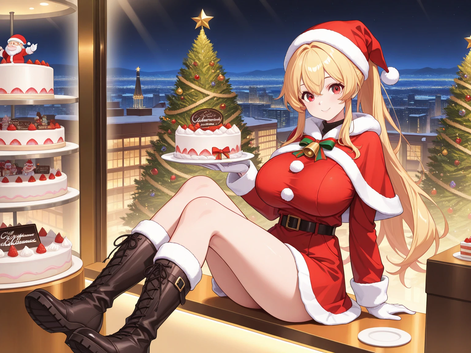 1 girl, game cg, Santa suit, shoulders visible, cleavage visible, belly button visible, Santa hat, gigantic breasts, blonde, middle hair, side ponytail, green eyes, eating food, party, indoors, night, Christmas,