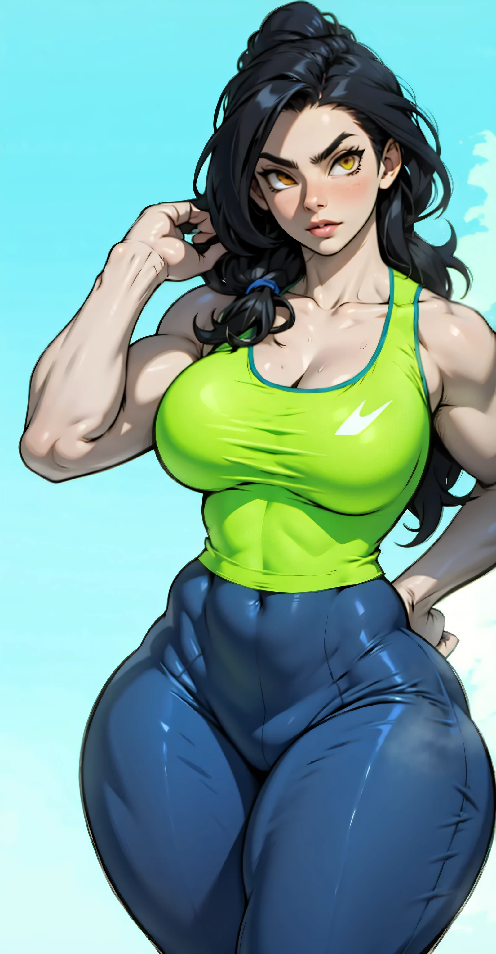 wide hips curvy thick thighs voluptuous huge breasts muscular toned body bodybuilder black hair pale skin yellow eyes skintight expressionless sad sad