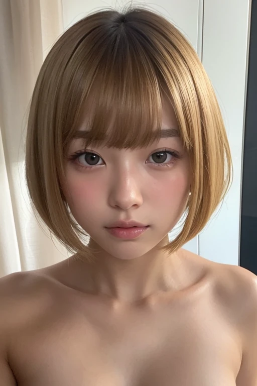 (Highest quality, 4K, 8k, High resolution, masterpiece:1.2), Very detailed, (Realistic, photoRealistic, photo-Realistic:1.37)、(((Completely naked)))、Big Breasts、(blonde)、(Wavy short hair)、sexual gesture, oral invitation:1.4