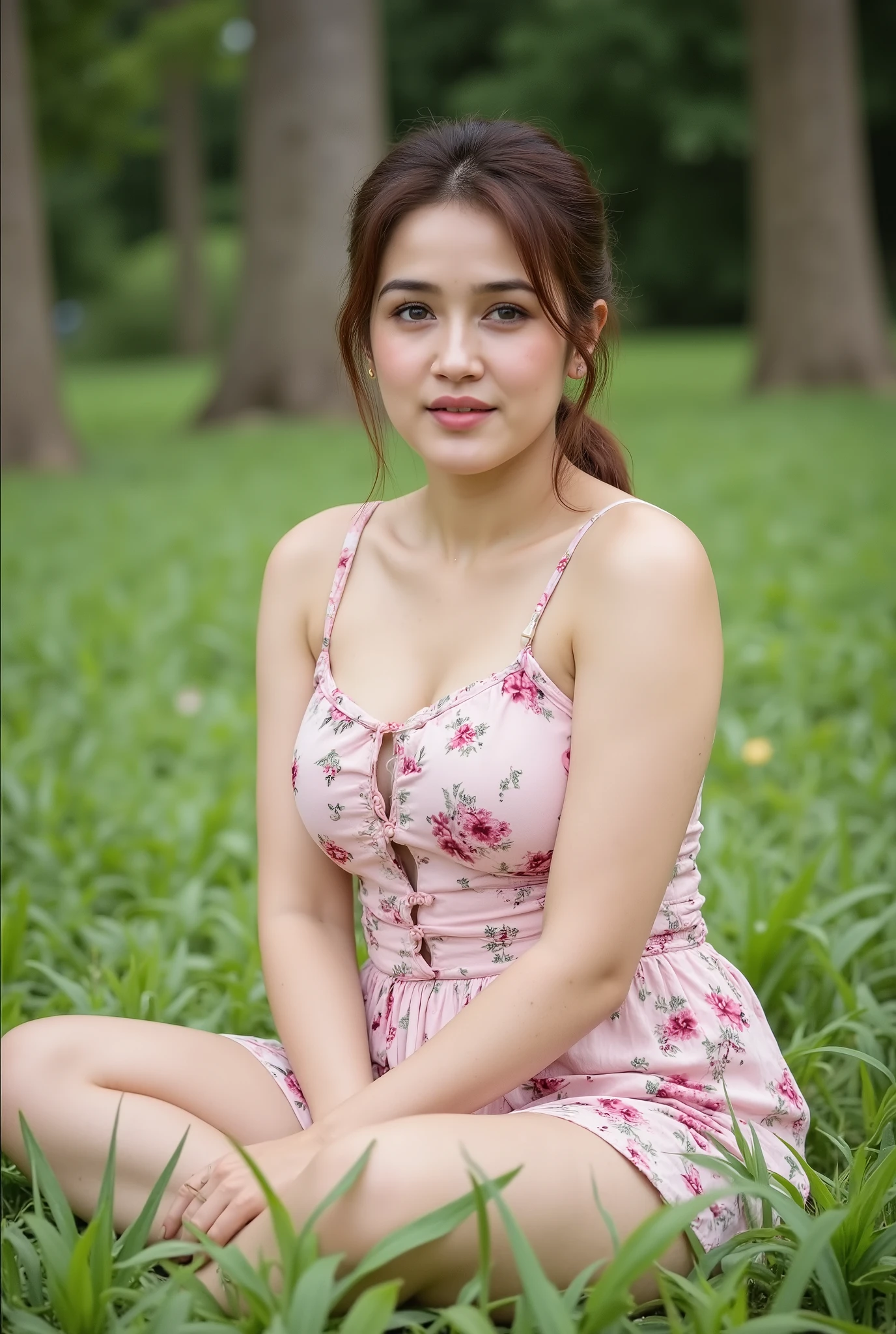 A beautiful young woman sitting cross-legged on green grass in a forest park, wearing a light pink floral short dress with thin straps. Her face is not detailed, but her body language and posture convey a confident, calm, and subtly bold vibe. A few strands of hair fall naturally near her face, tied back in a ponytail. The lighting is soft and neutral, giving an evenly lit, natural look with greenery all around. The overall scene gives a serene yet hot and graceful impression, blending beauty with bold charm.