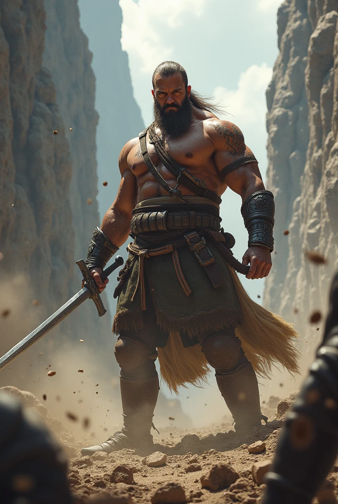 anime great sword with a blade made of polished stone, with a berserker style design and a wooden handle