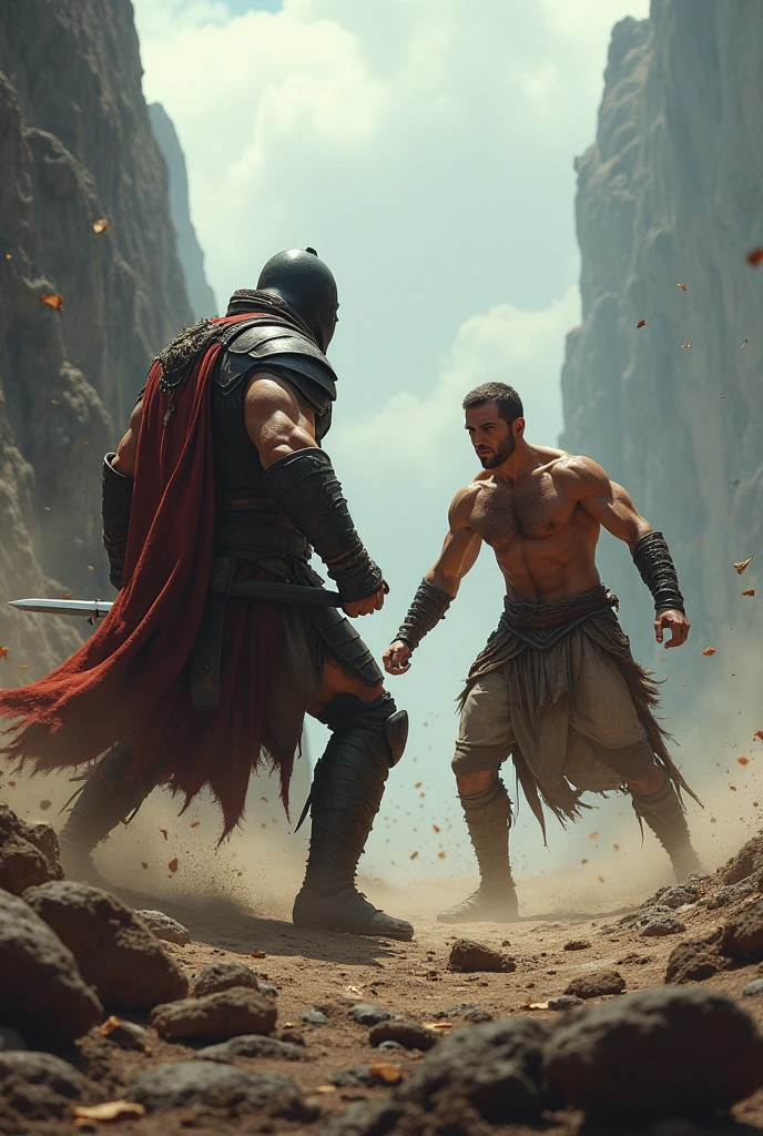 Witness the epic clash between Achilles and Hector, as they engage in a brutal battle amidst a fiery inferno, with debris flying all around them.