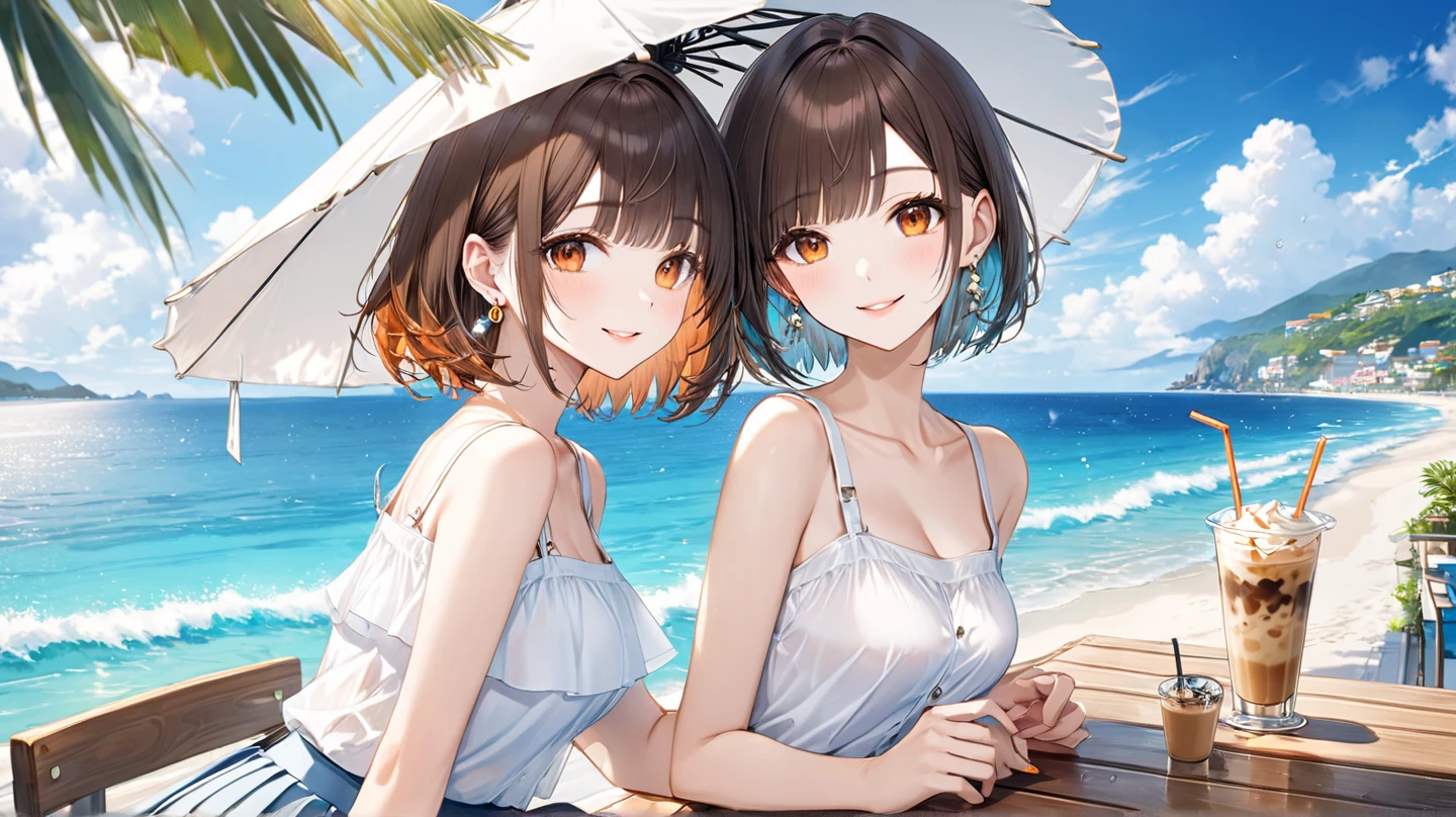 A cute little lowteen anime girl, short brown wavy hair, id shot, anime style, big shiny brown eyes, fox ears, 11 years old, summer, swimsuits,seaside,smile