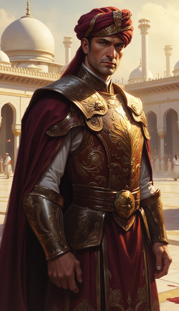 aiai-Spl4sh,Best quality, masterpiece, ultra-detailed, cinematic, HDR, macro detail, premium quality, ultra-high resolution, volumetric lighting, ray-traced. High-fantasy RPG illustration style with painterly realism and dramatic composition. Inspired by epic fantasy artwork; sharp textures, warm light, rich color contrast. Palette: deep burgundy, shimmering gold, muted browns, creamy white. Magical ambience via light particles and atmospheric haze.

Three-quarter portrait of a powerful Middle Eastern man (~age 40), stance subtly shifted onto left leg, gaze directed slightly to viewer's right. Dark expressive eyes beneath strong brows, serious and contemplative expression. Wears lavish crimson silk turban interwoven with fine gold threads and metallic accents. Burgundy leather breastplate inlaid with gold filigree and embossed geometric patterns. Beneath: gold-toned chainmail shirt barely visible at edges. Draped over shoulders: long dark maroon cape flowing with weight and gravitas.
He stands in a sunlit courtyard plaza with white domes and elegant arches typical of Middle Eastern architecture. Warm golden sunlight casts soft highlights over his armor, enhancing fine textures of polished metal and supple leather. Composition: slightly elevated eye-level view, centered on subject to emphasize noble bearing. Style: hyperrealistic digital painting with cinematic lighting and rich atmosphere. Mood: regal, introspective, quietly commanding.