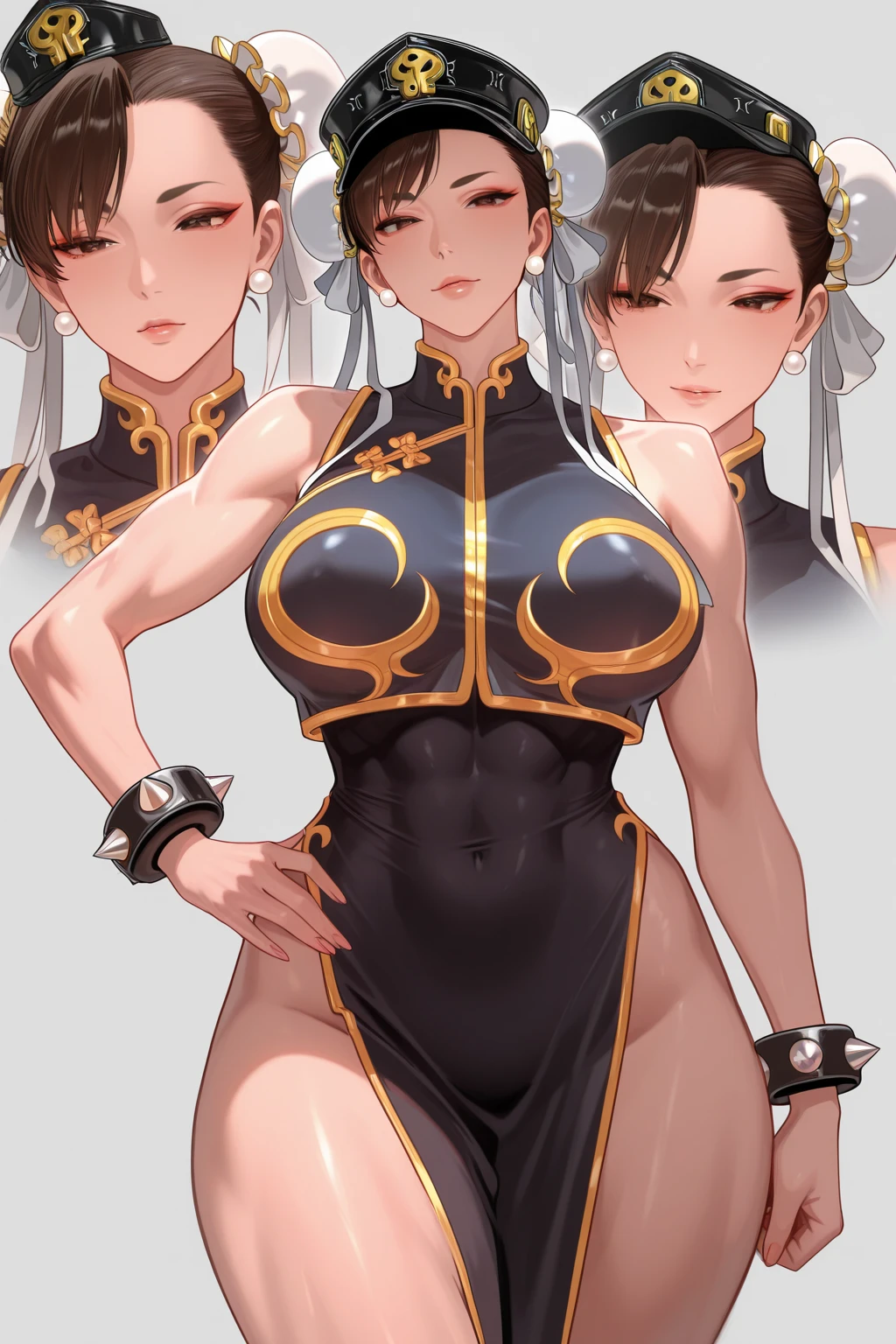 ((masterpiece)),(((best quality))),((character design sheet)), ((full body view)) illustration,Catalogue of sex slaves,1girl, thick thighs, ((detailed face:1.4)) ,shiranui mai, rough sketches, between breasts,big breasts,wearing an short apron without any clothes on and necklace,hair accessories,seductive grin smug,solid color backdrop, clean backdrop,