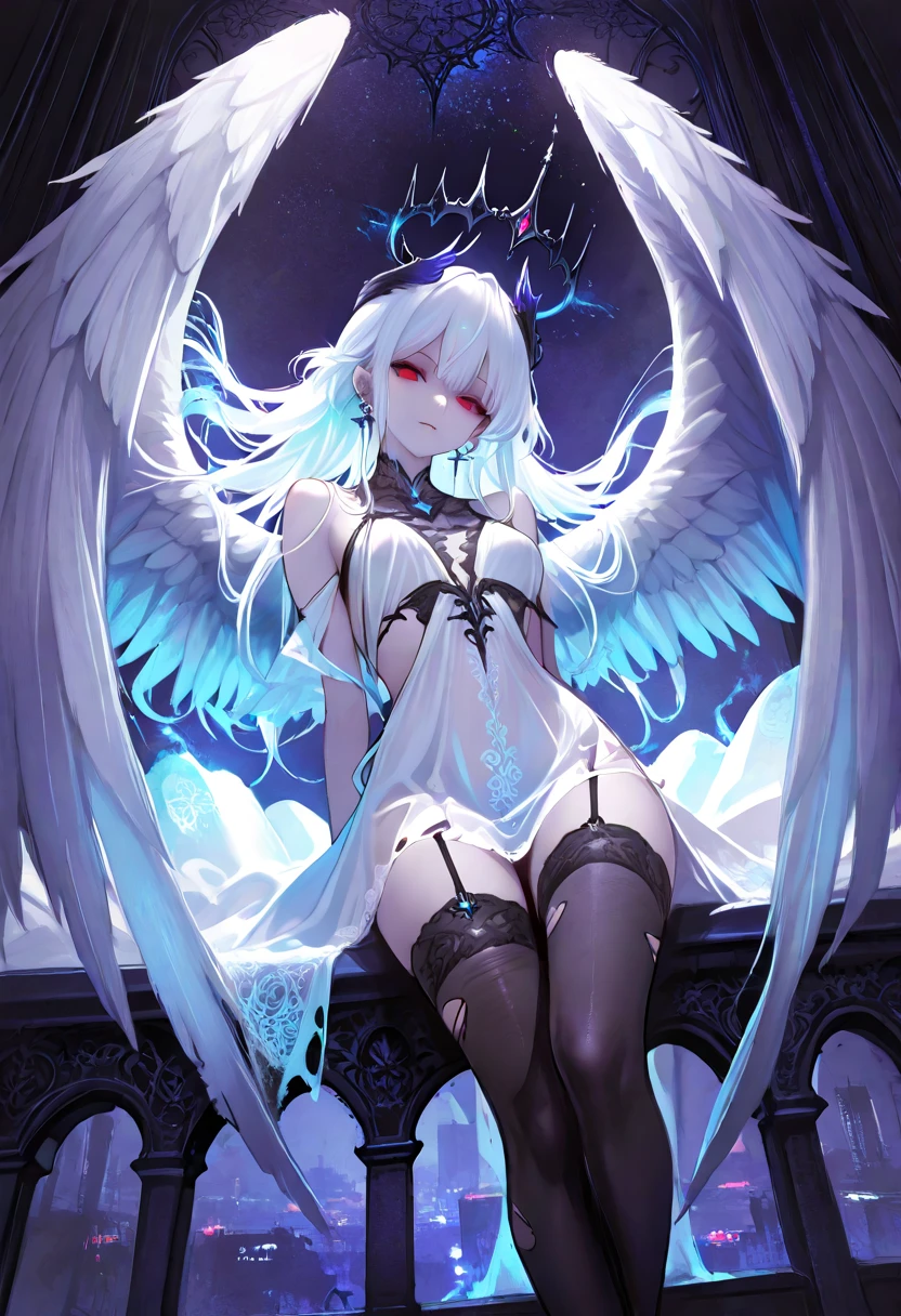 ((Highest quality)), ((masterpiece)), (detailed), One girl,Silver Hair,Long Hair,Dark Skin,Wearing a black sleeveless dress,Wear black high heels,Squatting pose on top of the tower,Starry Sky,cloud,Girl with black wings,Look away