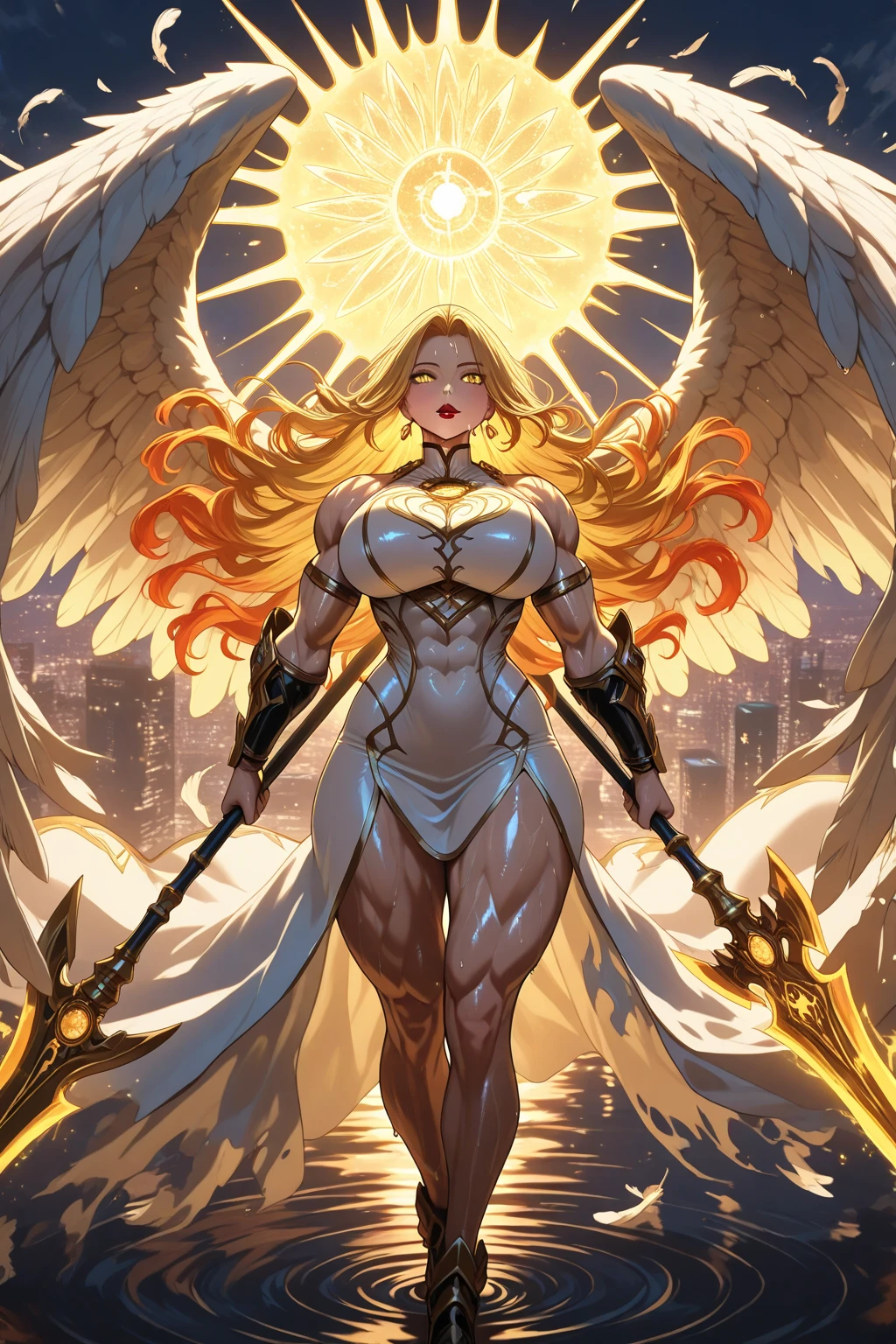 1girl, beautiful sun empress, ((muscular size: 1.3)) detailed eyes, detailed face, mature face, athletic body, looking at viewers,full body, light smile,detailed skin,mature body, tall body,seductive body,medium big breast, medium thigh, detailed clothes BREAK desert and pyramid backgrounds, holding only one long and thick sun scepter, phoenix dragon in sky, highly saturating sunbeams, holy ceremony, angelic halo, golden and orange spark dazzling around, holy magic circle, golden crown , golden majical lightning, best quality, masterpiece, trending on Art station,BREAK,Detailed,Realistic,4k highly detailed digital art,octane render, bioluminescent, cinematic lighting BREAK 8K resolution concept art, realism,by Mappa studios,masterpiece,best quality,official art,illustration,ligne claire,(cool_color),perfect composition,absurdres, fantasy,focused,