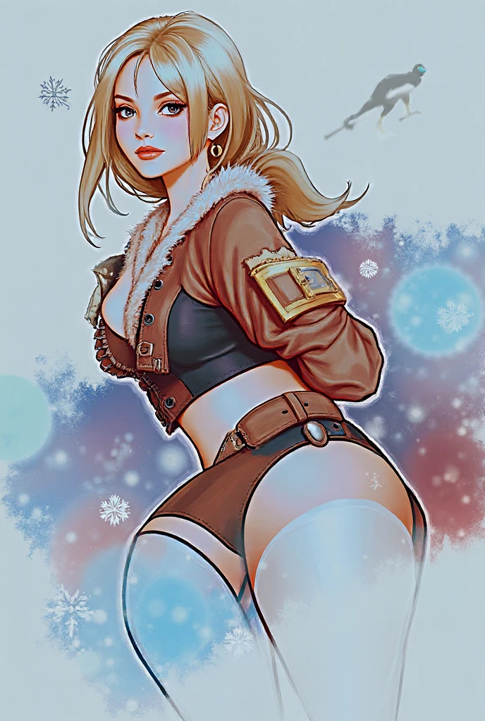 Mulher,, vestindo roupas antigas rasgadas, casaco de pele aberto, seios a mostra, botas de pele, corpo inteiro, loira , paisagem da norurga ao fundo, seios expostos, olhos claros, standing on her feet