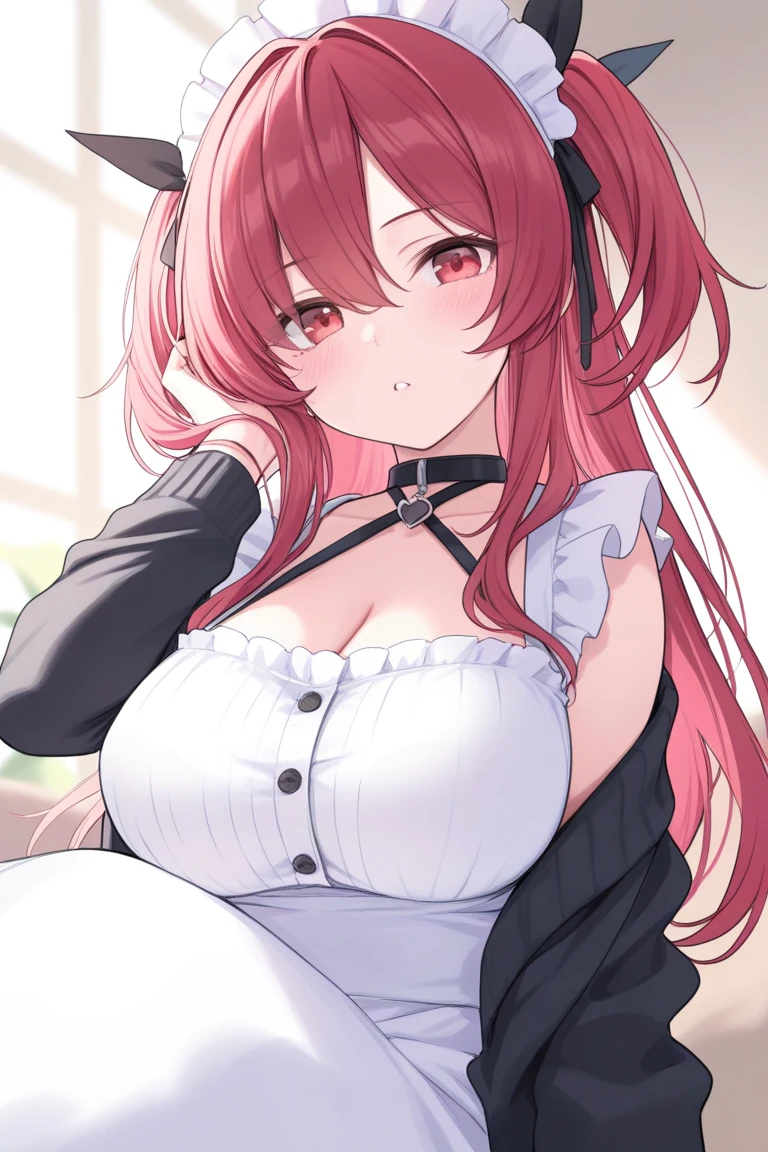 1girl in, solo, nakano nino, Pink hair, butterfly hair ornament, (barechested:1.3), (White Apron),, cleavage of the breast, thighs thighs thighs thighs, Cafe Background, (red blush:1.3),Open your mouth wide