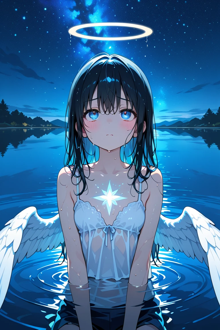 1 girl, brown hair, ultra detail, ((floating back on water:1.6)), ( torn white dress:1.4), nude nipples:1.3, top view, glare on water, glare on body, (moon lighting), (night river:1.5), focus view on top, (nude breasts looking out of the water:1.3), background forest, angelic halo in head:1.5,