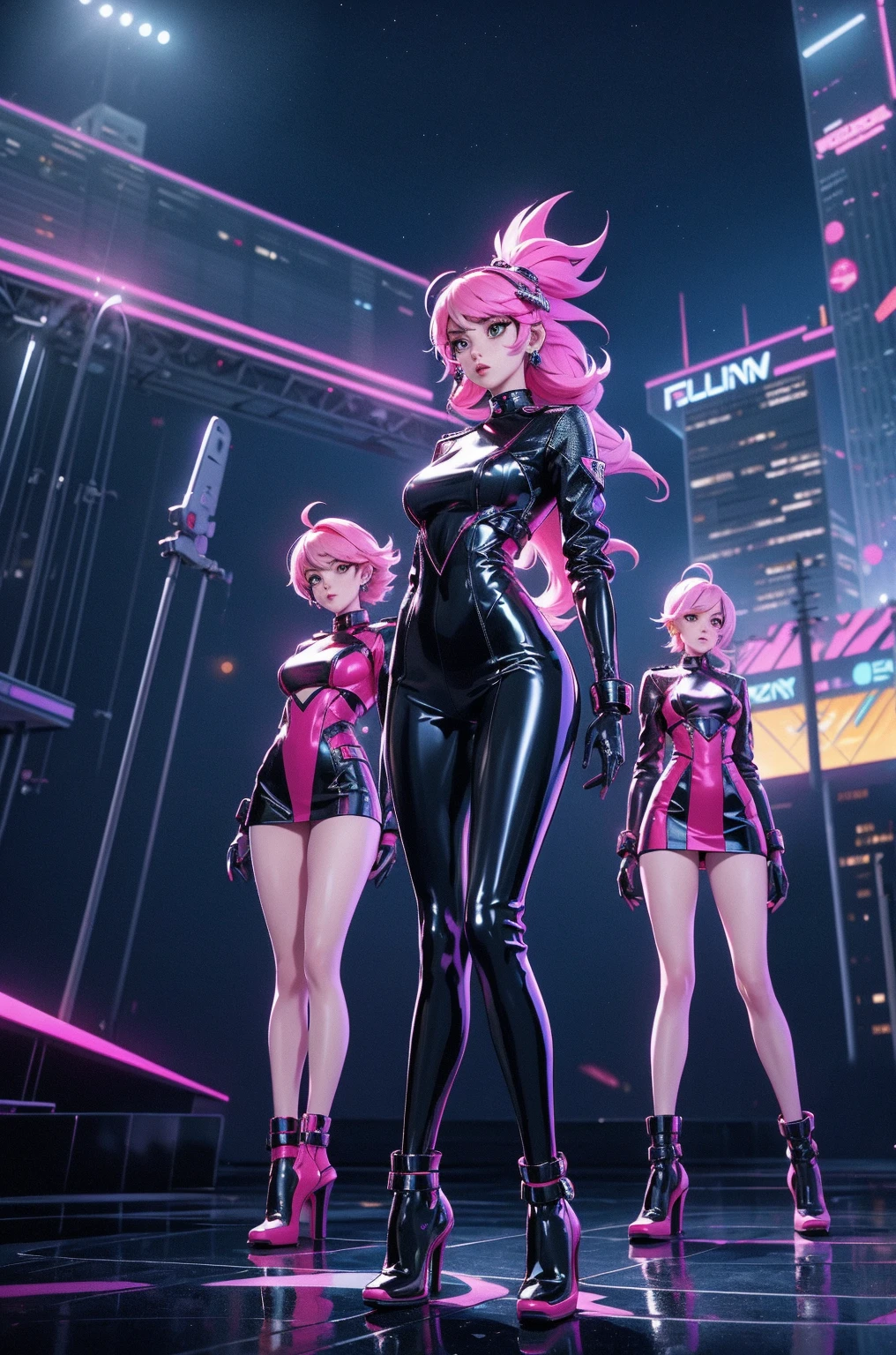(at night), in a video game scene a background a beautiful city at night raining, alone, alone, standing at attention, pink suit, pink jacket, choker, neckline, cut of clothes, earrings, has long bangs on the hair covering the eyes ((hair over the eyes)), 1 girl, 20 years old, young woman, perfect hands, beautiful fingers, beautiful long legs, beautiful body, beautiful nose, beautiful character design, perfect face, looking at the spectator with serious gesture, is on a phone call with his cell phone in hand (focusing on his face), closed mouth, Light_Smile, official art, extremely detailed CG unity 8k wallpaper, perfect lighting, bright and colorful front lighting, skin glossy (masterpiece: 1.0), (best_quality: 1.0), ultra high resolution, 4K, ultra detailed photography, 8K, HDR, high resolution, nonsense:1.2, Kodak portra 400, film grain, blurred background, bokeh:1.2, lens flare, (vibrant_color:1.2), professional photography, (Beautiful, breasts: 1.4), (beautiful_face: 1.5), (narrow waist),