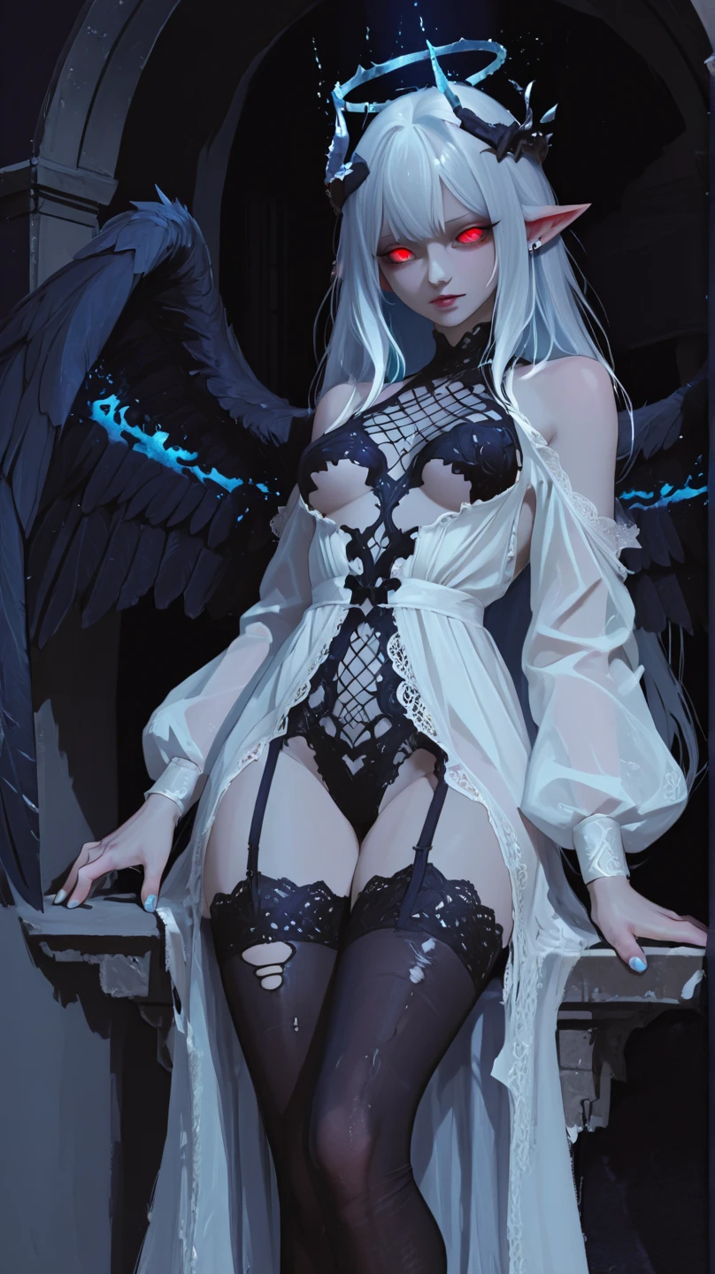 (best quality,ultra-detailed,realistic:1.37),portrait,detailed bird-like wings,detailed bird-like legs,long white hair,beautiful purple eyes,detailed lips,mysterious atmosphere,dark clothing, braid a hair, roupa ladino, manto cobrindo ela, sexy, sex, fucking, naked, sex with a man, fodendo, transando
