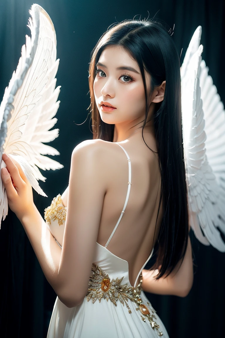A girl with,Hair,looking towards the viewer,Reach out,All body in,inside room,floor to ceiling window,drapes,ribbon,Expressionless,Lips slightly open,White dress,Shoulders exposed,Head up,Expose your legs,Barefoot,Gloomy room,Dark background,Dark tones,Depth of field,a panoramic view,Perspective,Person Screen Proportional 1:3,Angel's wings,shadowed,nigth