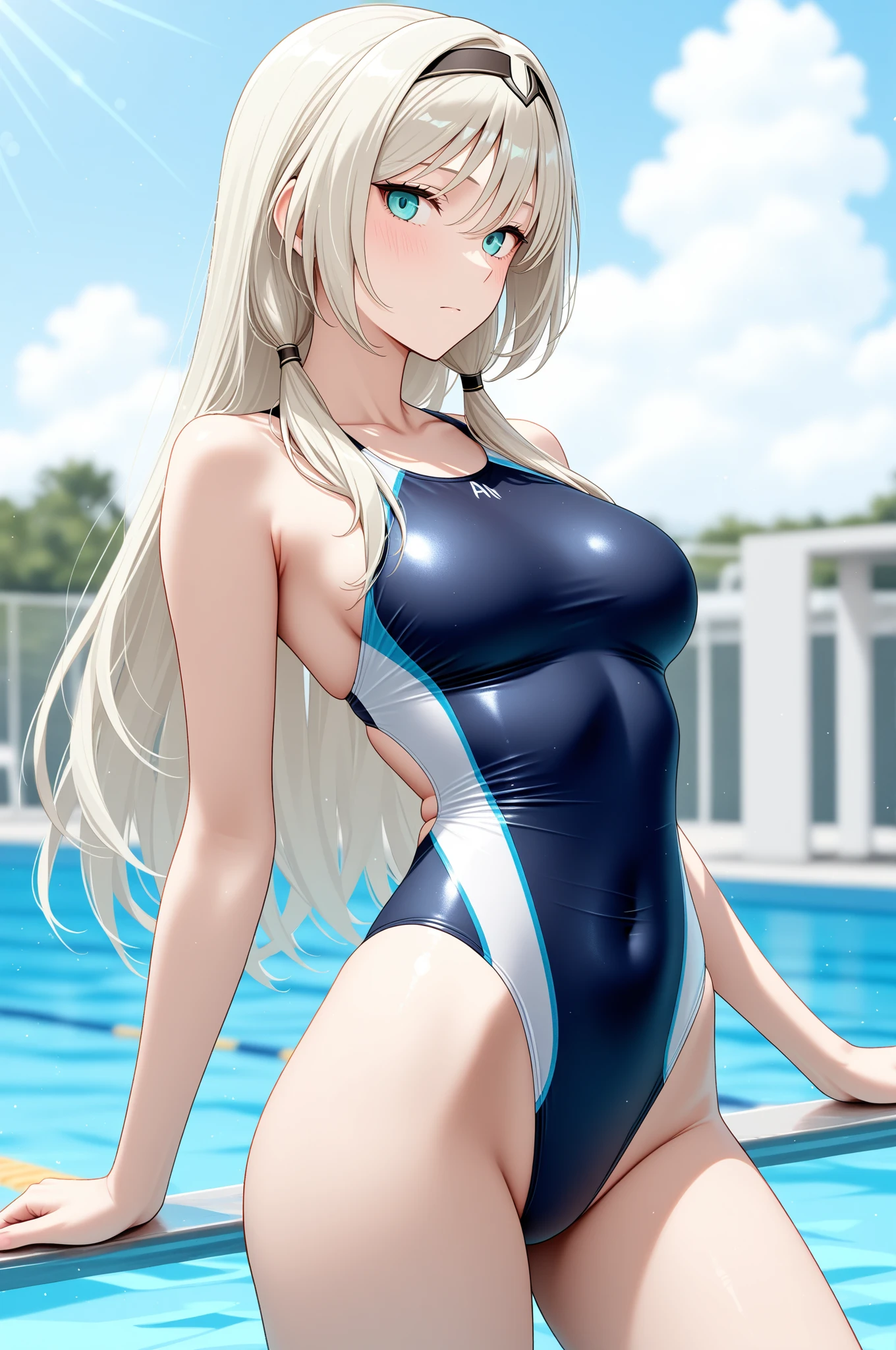 ((Best Quality)), (ultra-detailliert), ((Extremely detailed)), (Beautiful), ((Kawaii Girl)), ((UHD)), (masterpiece), (high quality), (best quality), (4K), (high quality), 1, solo woman, 1woman, ((platinum blond hair)), parted bangs, ((hair intakes)), long hair, (hair two side up long), ((jade colored eyes)), slanted eyes, large breasts, slender body, competition swimsuit, Pool Background, (blue sky:1.3), solar, sunlight, anime style, full body,
