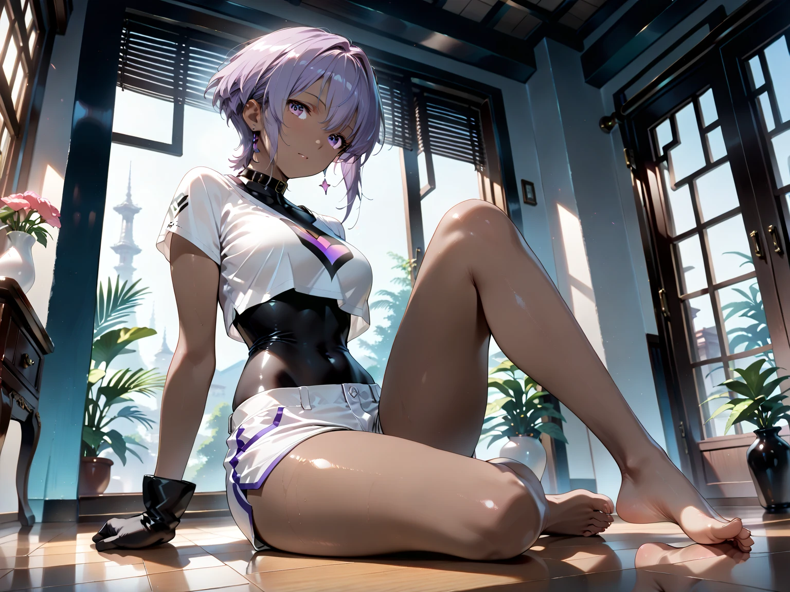1girl, tied up hands behind back, scared, wearing bikini, tokoyami towa, tied legs as well, blue hair, blue eyes, detailed belly, attractive physique, flat stomach, slighty toned, sexy figure, looking at viewer with disgust.
