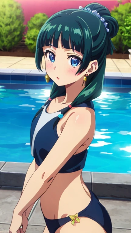 Top quality (8k, high resolution, masterpiece: 1.2), super detailed, anime art style, dynamic angle, (swimsuit, pool, blush), detailed green hair, detailed blue eyes, intricate hairstyle, long hair , slim body, sparkling eyes, youthful, hair accessories, earrings, half-updo, slightly dull bangs, detailed lighting, bright colors, looking at the viewer, in the center of the image, cowboy shot,