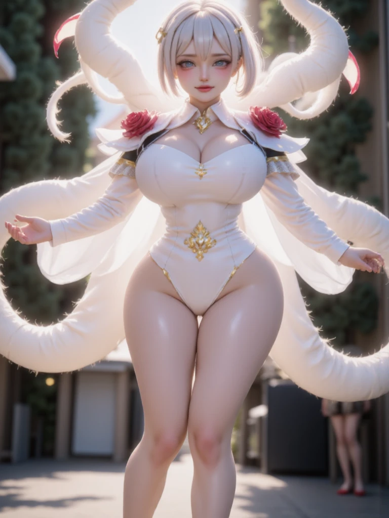 best quality, masterpiece, 1girl, (solo:1.1), raytracing, ultra detailed,detailed face, 8k wallpaper, smile, wide hips, <lora:more_details:0.5>, FrierenNDV, 1girl, white hair, twintails, green eyes, medium breasts, long hair, pointy ears, elf, parted bangs, white capelet, white dress, belt, long sleeves, <lora:FrierenNDV:0.7>, outdoor, standing, dynamic pose