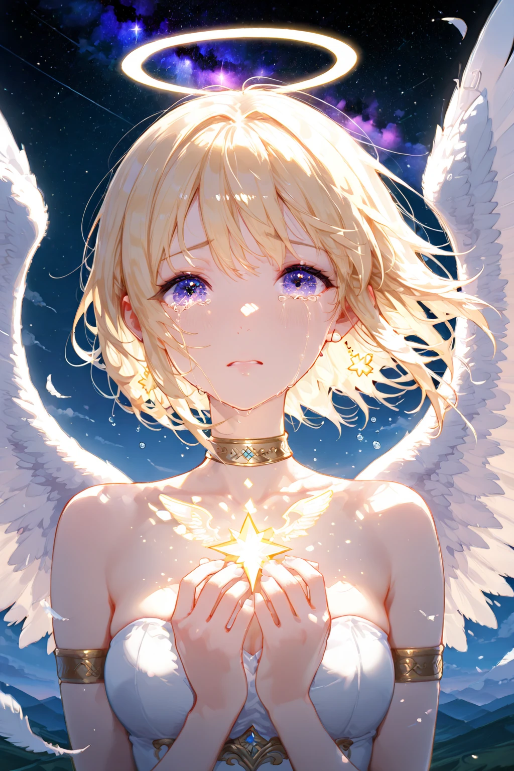 (((One girl))), (((cowboy shot))), ((flying)), ((angel, big big white wings:1.2, halo:1.3)), Uriel, greek mythology white costume, bare legs, ((wavy hair, outward curled hair)), evening, Sunset, ((blond hair, bob cut:1.3)), breasts, standard body, (looking at viewer), oversized clothes, collarbone, head tilt:1.3, (((blue eye))), ((happy smile)), (((anime style))), (best quality, 4K, 8K, highres, masterpiece:1.2, ultra-detailed, ultra-detailed eyes, HDR, uhd, studio lighting, ultra-fine painting, sharp focus, physically-based rendering, extreme detail description, professional, vivid colors, bokeh), ((Highest quality, Best image quality, Ultra-high resolution, Ultra-high resolution, solo, Strong eye highlights)), Depth of written boundary, Natural soft light, attractive, Beautiful Face, Cleanliness, Pure Face, medium chest, Beautiful Face, Perfect Fingers, Perfect hands, Perfect body, Perfect Face, Shine a light into your eyes, Perfect Anatomy，Blue hair，cute