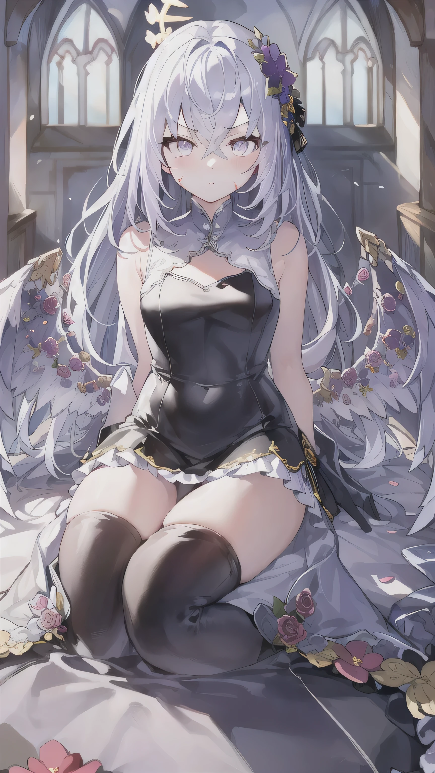 black1, 1girl, black pantyhose, cameltoe, cleft of venus, dutch angle, feet out of frame, looking at viewer, no panties, no pants, pantyhose, solo, spread legs, topless, underwear, underwear only,  emilia_\(re:zero\),silver hair,purple eyes,hair_ornament,pointy_ears,crown_braid,best illumination