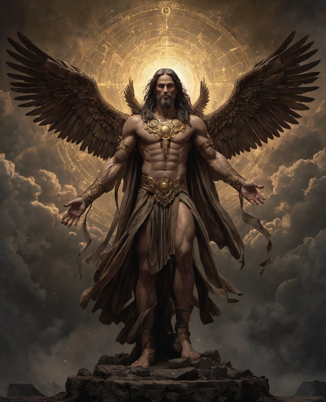 dark, (ashenhard style:1.1),, a male angel, with beams of light enveloping his body, his feathery wings are spread out, a golden halo over his head, muscular, beard, masculine, masterpiece, best quality, intricate detail, absurdres, high detail RAW color Photo, highly detailed, harsh lighting, cinematic lighting, detailed eyes, distinct pupils, contrast, textured skin, cold skin pores, hard light, gigapixel, feet visible, flawless face, 8k resolution, beautiful, cinematic, elegant, hyperrealistic, octane render, unreal, high definition, 8k resolution, highly detailed, 8k uhd, professional lighting, photon mapping, radiosity, physically-based rendering, perfect face, detailed face and body, award-winning photography, detailed face, backlight, ultrarealistic, ray tracing, intense gaze, cinematic lighting