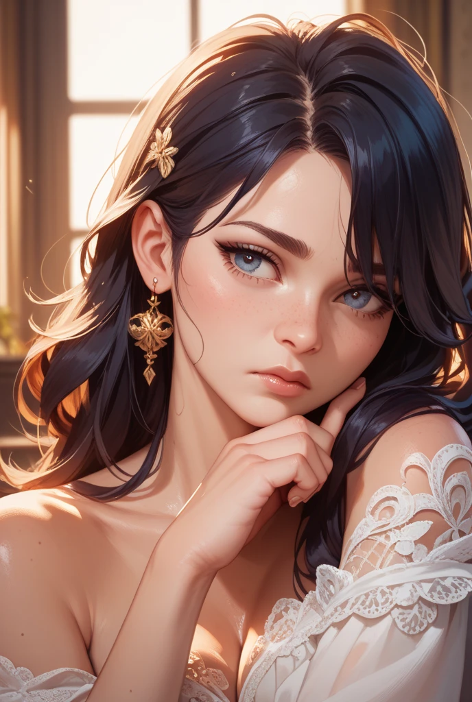 a beautiful young woman with long black hair, detailed face, piercing eyes, wearing jewelry, resting alone, intricate detailed portrait, ethereal atmospheric lighting, highly detailed, photorealistic, chiaroscuro lighting, dramatic lighting, cinematic, moody, serene, melancholic