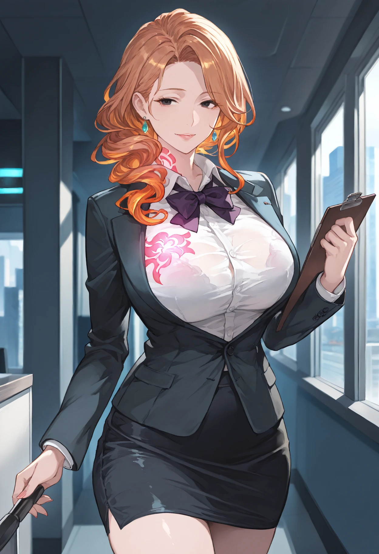 score_9, score_8_up, score_7_up, score_6_up, score_5_up, score_4_up, source_anime, BREAK, hung outfit, jewelry, solo, mole under eye, mole, hair bun, single hair bun, red necktie, ring, earrings, crossed arms, shirt, sweatdrop, jacket, collared shirt, formal, black shirt suit, hair ornament, bangs, swept bangs, red hair, purple eyes, black jacket, grey shirt, expressive, dynamic, thick full parted lips, pouted lips, seductive, alluring, sexy, overjoyed smile, sweat, ((huge breasts)), wide hips, hard erected pointing up futa bulge, futa stretching, detailed eyes, detailed background, masterpiece, full body, ((office room)),  
