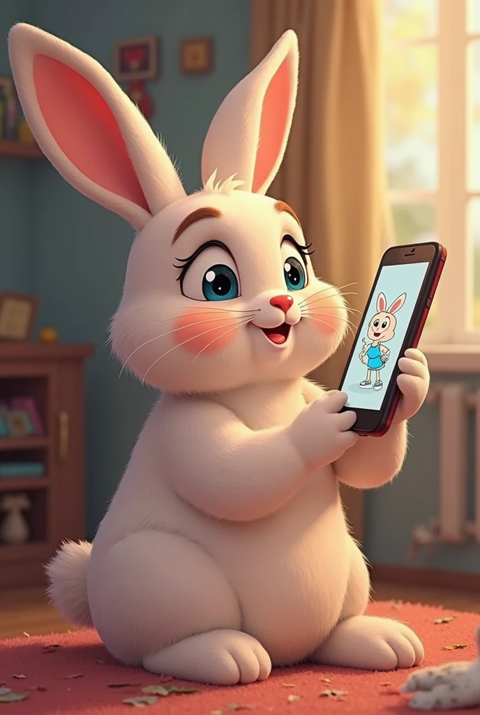 Cute animated rabbit in thong flirting and texting on phone.