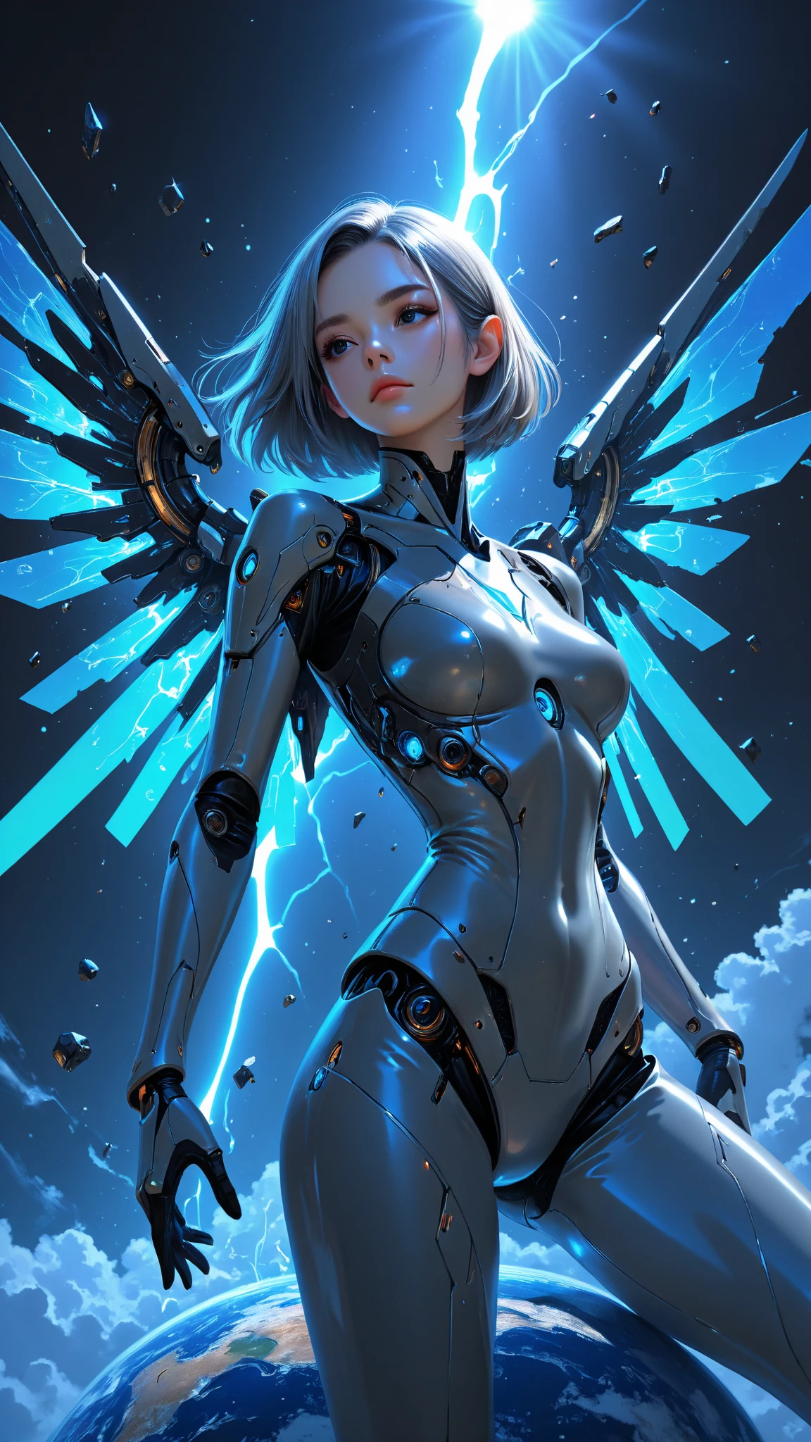 top-quality、masterpiece、超A high resolution、(Photorealsitic:1.4)、Raw photo、Battle Cyborg Angel、large wings made of metal、White porcelain body、Acrylic Clear Cover、white hair、glowy skin、1 Cyborg Girl、((super realistic details))、portlate、globalillumination、Shadow、octan render、8K、ultrasharp、character edge light,Colossal tits、Raw skin is exposed in cleavage、Details of complex ornaments、Greek、Hydraulic cylinder、Small LED lamp、highly intricate detail、Realistic light、a purple eye、radiant eyes、Facing the camera、neon details、cowboy shot、Futuristic headgear、About Cyberpunk、、