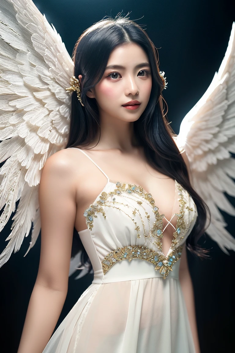comics art,vivid colors,beautiful vintage angel warrior woman with very big big wings,beautiful face,corpo de frente para o observador,segurando uma espada na frente do corpo,white dress with gold embroid details,little breasts, (determined face expression,flowery background,vivid colors,soft lighting)