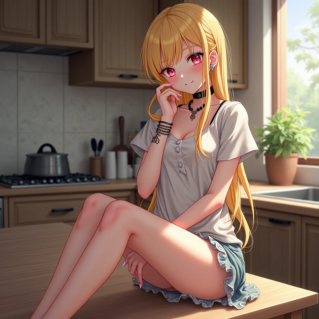 19 year old blonde girl , nude, in the kitchen. annoyed , looking and licking a penis that is in her face.
