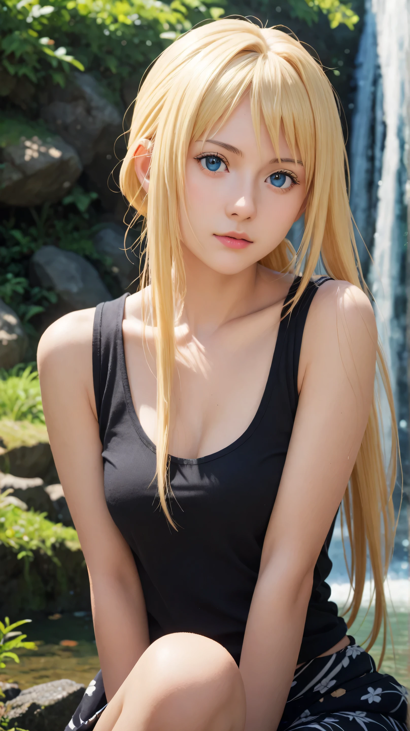 1girl, solo,alice zuberg,blue eyes,blonde hair,outdoors,potrait,medium breast,lake backround,(black tanktop:1.5),long hair,front view,potrait,close up,wear sarong, sitting under waterfall
