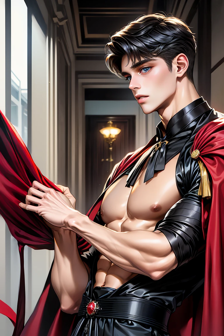 She is wearing a sexy, voluminous black and red cape on her naked body.、Beautiful gay man、Drowning in pleasure、Messy black hair、Disarrayed Cloak、A look of disarrayed pleasure