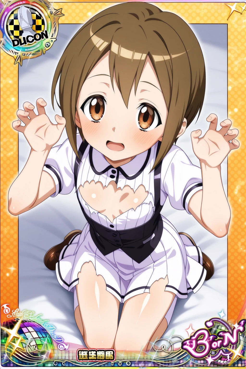 Masseter muscle part, highest quality, 超A high resolution, highest quality, anime style, best lighting, beautiful face, kinomoto sakura, 1 girl, light brown hair, short hair, antenna hair, green eyes, frills, (Maid clothes:1.4), (頭にfrillsカチューシャ:1.2), red bow,1girl,masterpiece, expensive quality, very_expensive_solve, big_file size, full color,pussy,niplles,(vaginal sex:1.2),(toddler:1.6),(chibi:1.3),(flat chest:1.5),
