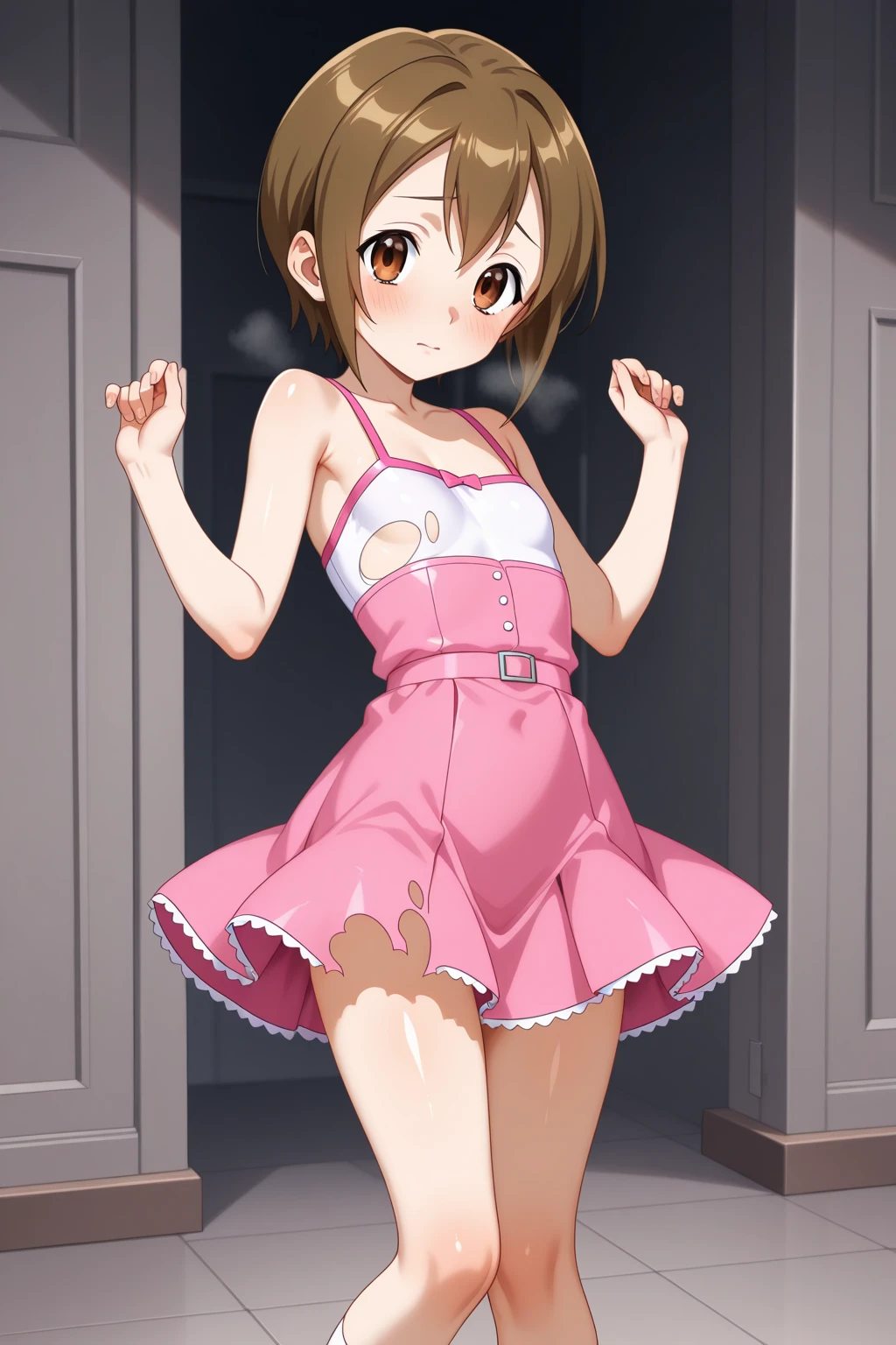 Male, boy, man, 1boy, solo, boy, boy, boy, male, male, male, cross dressing, pink dress with ruffled hem, pink dress, flowing dress, summer dress, sundress, dressed in a pink dress, flowy, frill,  flowy fabric,  short dress, short skirt, very short dress, very short skirt, panties, panties showing, showing panties, white panties, panties with ruffles, panties with pink ruffles, brown eyes, black hair, shoulder length hair, short hair, medium height, dimples, dimples on cheek, earrings, huge earrings, ashamed, embarrassed, blushing, 