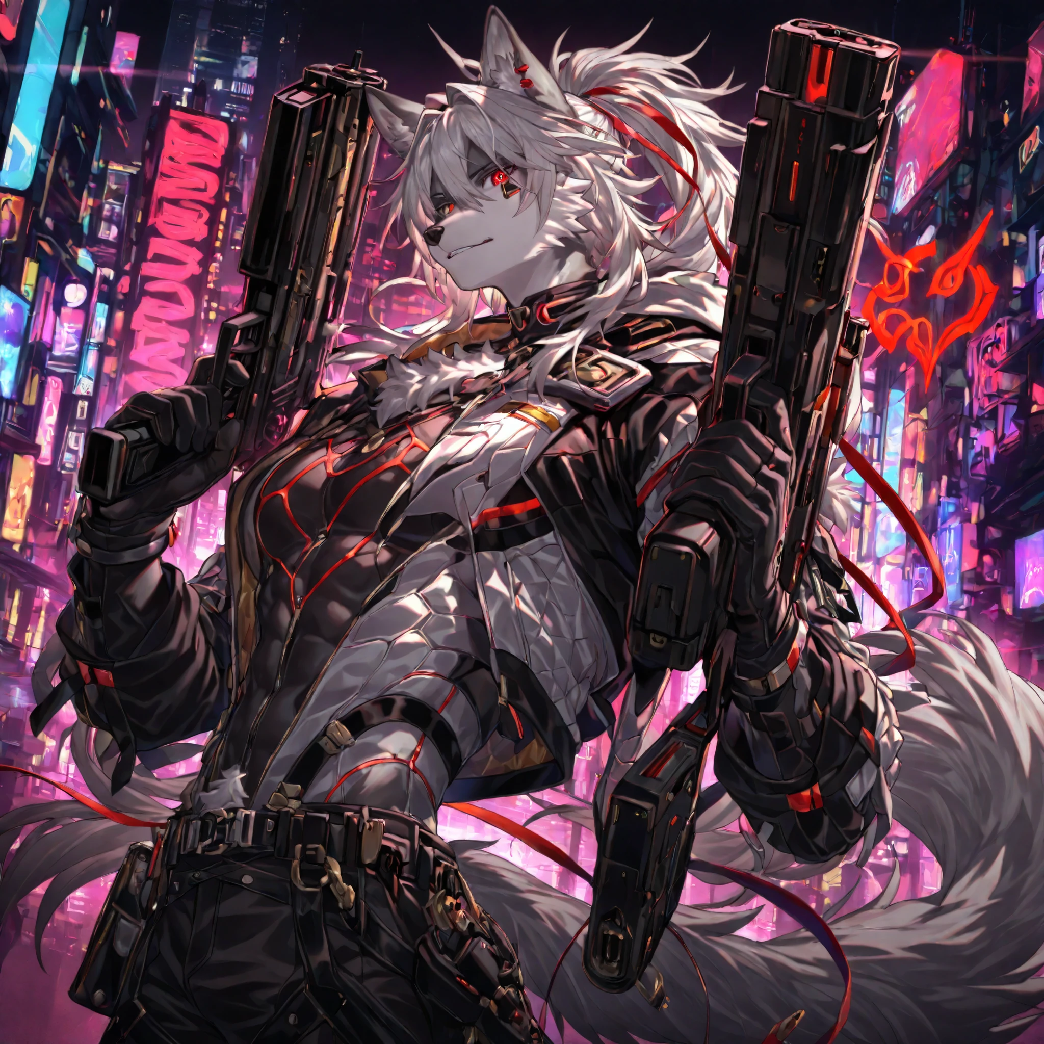 masterpiece,best quality,amazing quality,very aesthetic,absurdres,newest,volumetric lighting,holographic colors,ultra realistic,3D viewer,high detailed,best quality,high res,very aesthetic,close half body portrait:1.5,(Muscular,Muscular male:1.1),alone,Alone,1male,furry,male wolf furry, wolf ear, wolf tail, fluffy fur, silver fur, cyberpunk, holding gun on hand, neon cyber city background,body suit,delicate eyes,detail eyes,Heterochromic eyes, one red eye , one golden eye ,5 fingers,front viewer,by IStanI:0.6,by fuzichoco:0.6,by shigure ui:0.5,by null-ghost:0.7,BREAK masterpiece, best quality, amazing quality, very aesthetic, highres, absurdres,