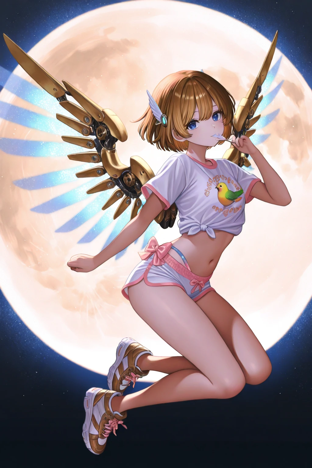 best quality, masterpiece, highres, solo, {night:1.10}, {starry sky:1.10}, beach, beautiful detailed sky, {extremely detailed background:1.20}, {rumia_touhou:1.15}, {standing:1.10}, looking at viewer, {bikini:1.30}, blonde_hair, ribbon, short_hair, hair_ribbon, red_eyes, vest, smile, open_mouth, red_ribbon, ascot, light smile