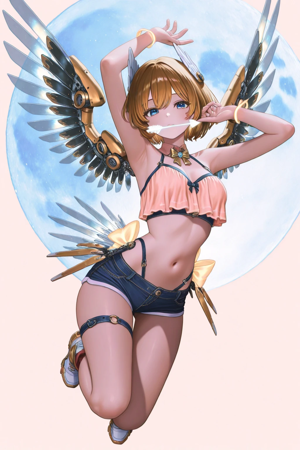 1girl, woman, (nasty Dark Paradise:1.3) angel, [:skimpy costume design,:0.2], bombshell hair, matte ginger hair, ahoge,Pin Curls, toned body, athletic build, narrow waist, medium breasts, caucasian