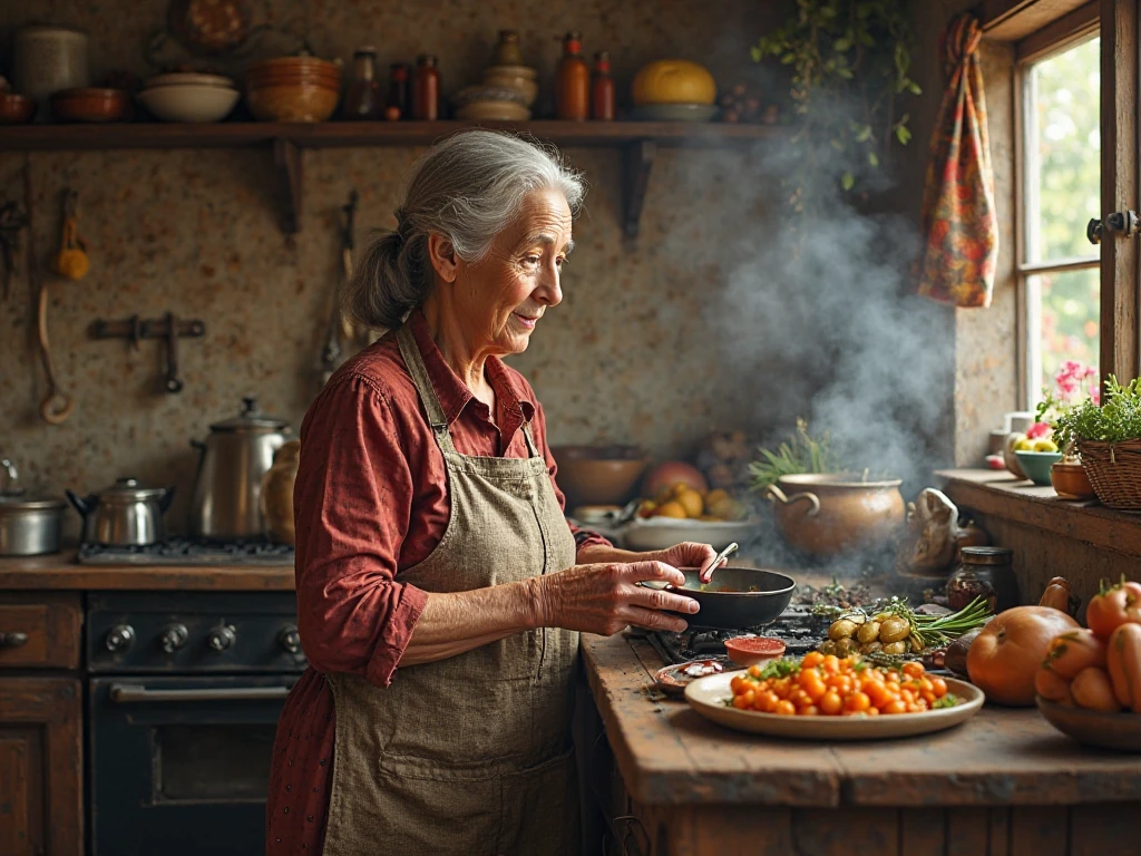 A grandmother cooking traditional food in an open kitchen with firewood ...